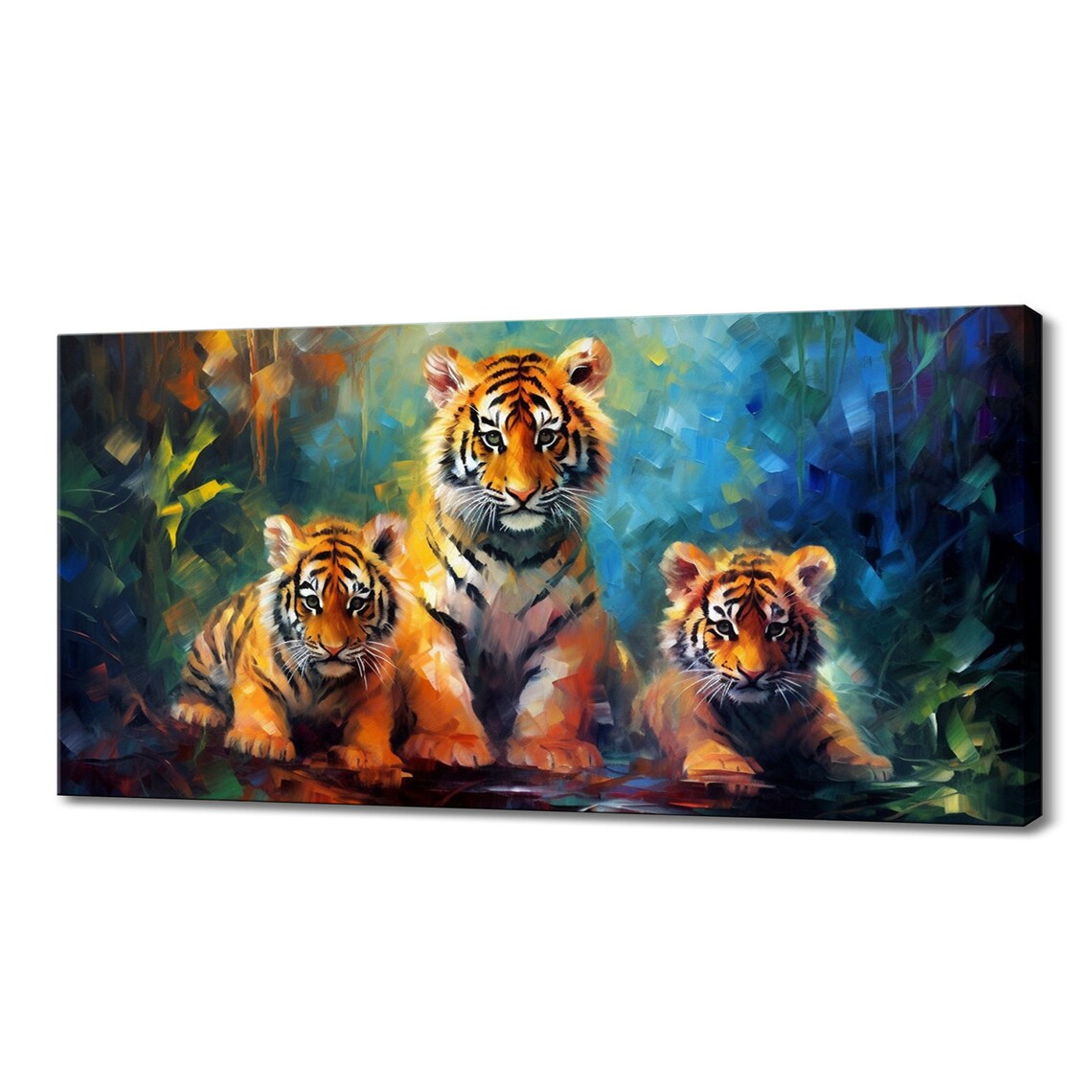 Tiger Mother Two Cubs Jungle Wildlife Colorful Oil Painting Wall Art Poster