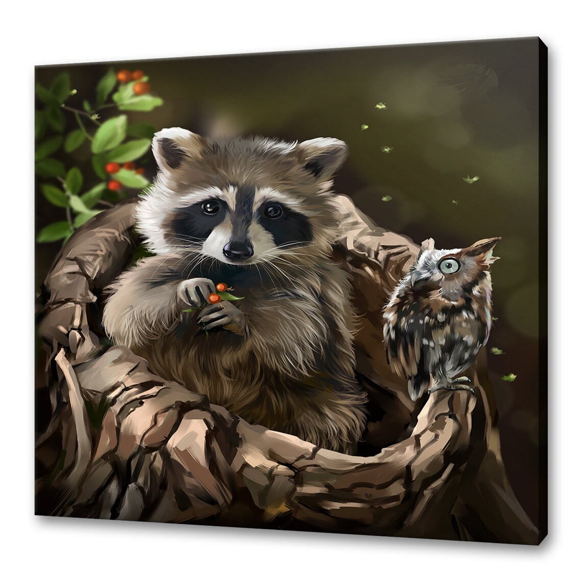 Raccoon Little Owl Woodland Friends Cute Forest Painting Art Poster