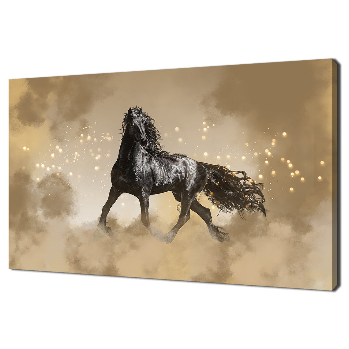 Black Horse Running Golden Mist Sparkling Dramatic Equine Art Poster