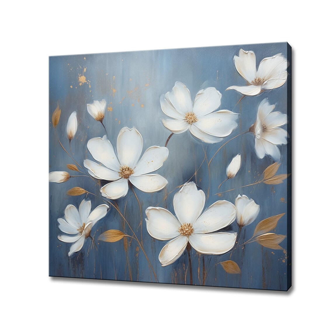 Elegant White Daisy Flowers Blooming Blue Gold Oil Painting Poster