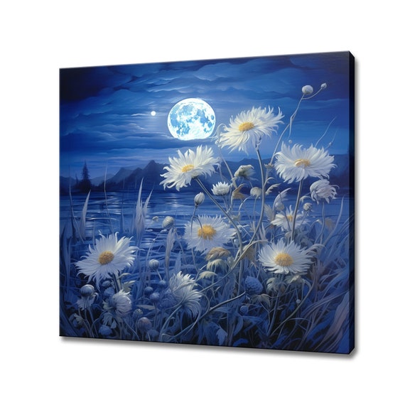 Moonlight Over Cornflowers, Floral Oil-Painting Art Print