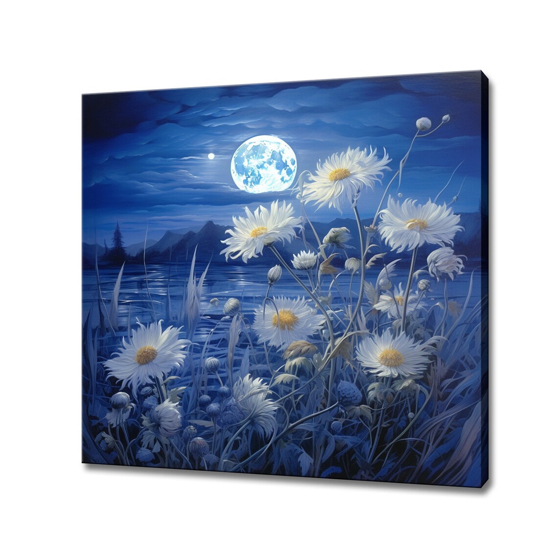Moonlight Over Cornflowers, Floral Oil-Painting Art Print