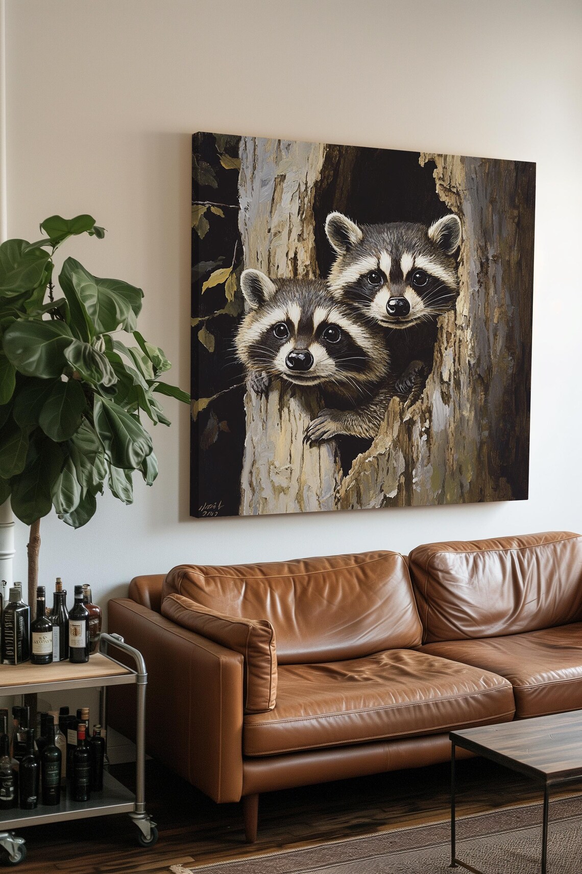 Adorable Baby Raccoons In Hollow Tree Dark Woodland Wildlife Portrait Poster - Image 2