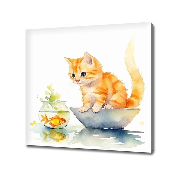 Ginger Kitten Watching Goldfish Bowl Watercolor Cute Pet Art Poster