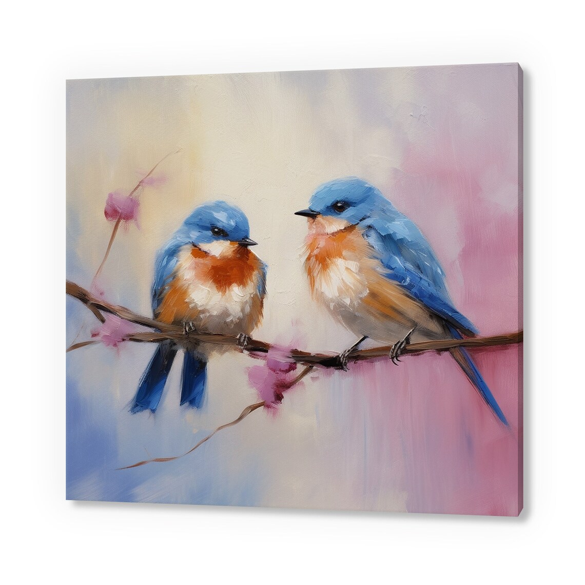 Two Eastern Bluebirds On Blossoming Branch Pastel Oil Painting Poster