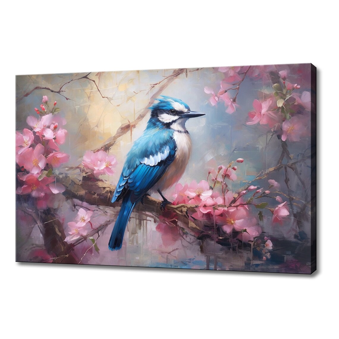 Blue Tit Bird Pink Blossom Branch Spring Watercolor Floral Art Poster