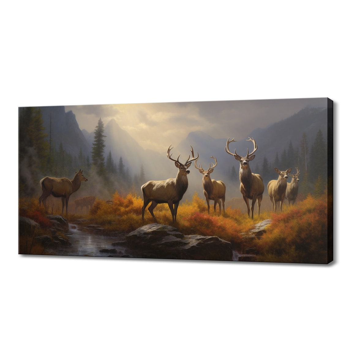 Deer Stag Herd by Mountain River Golden Light Wildlife Poster