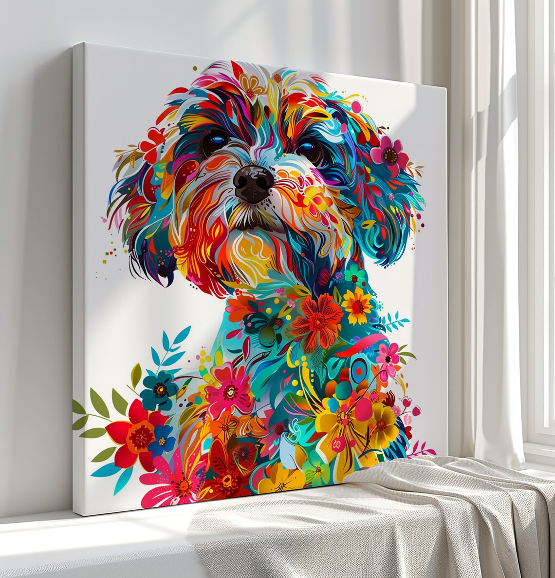 Colourful Shih Tzu Puppy Surrounded by Flowers Pop Art Poster - Image 2