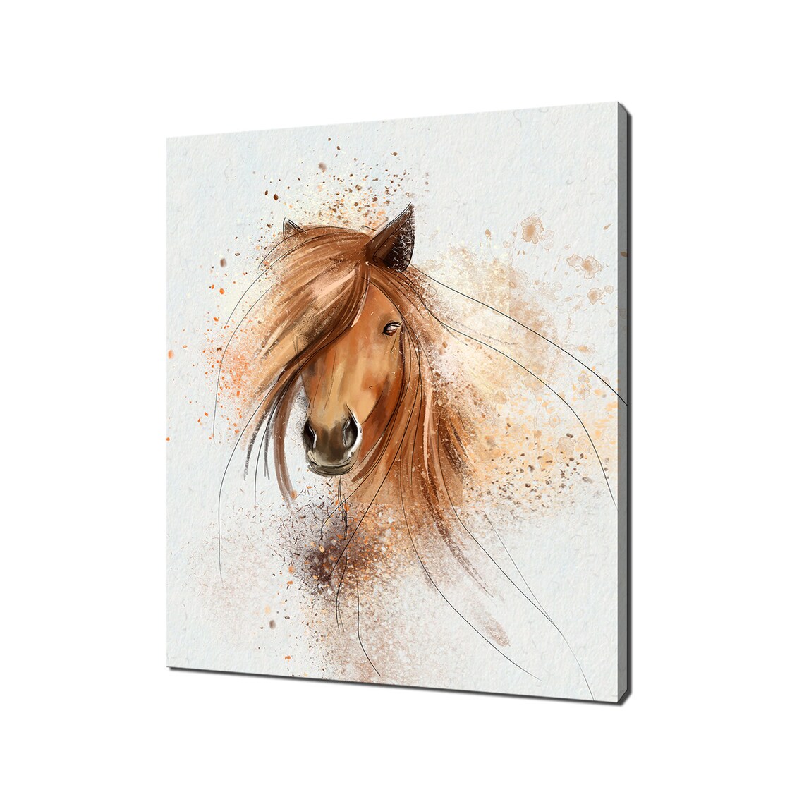 Chestnut Horse Head Flowing Mane Watercolor Splash Art Portrait Poster