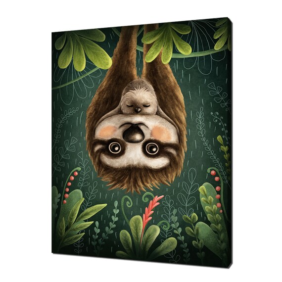 Mother Sloth and Baby Hanging Upside Down Cute Jungle Wall Art Poster