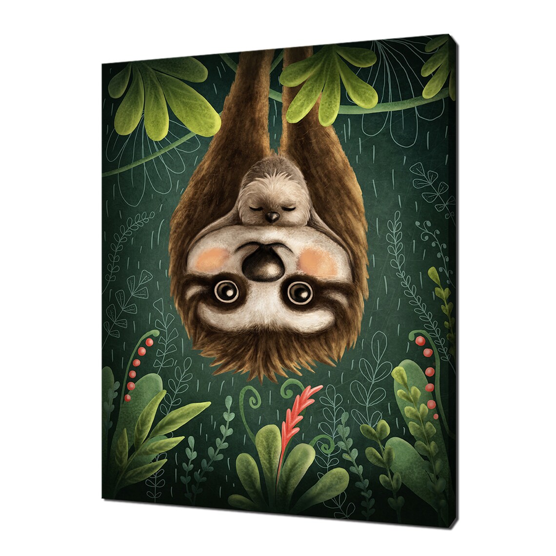Mother Sloth and Baby Hanging Upside Down Cute Jungle Wall Art Poster