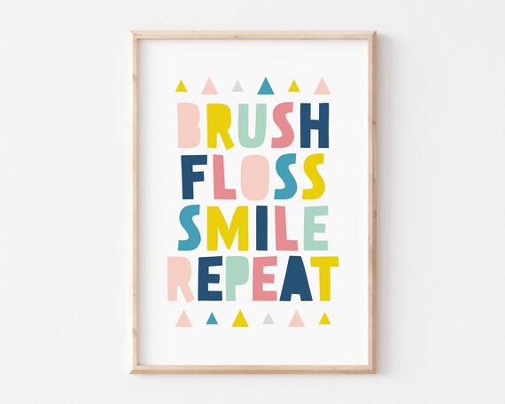 Brush Floss Smile Repeat Colorful Kids Bathroom Routine Poster