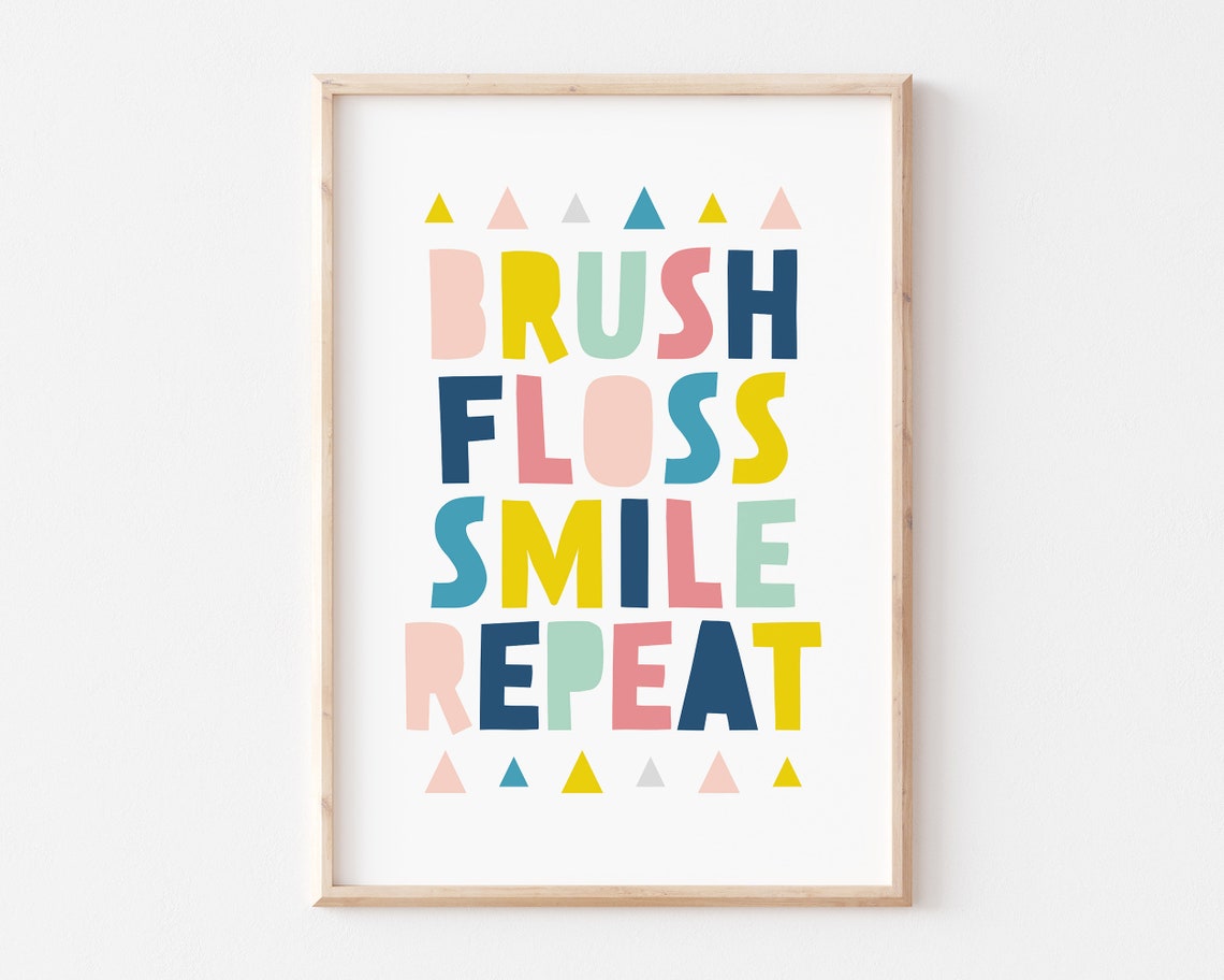 Brush Floss Smile Repeat Colorful Kids Bathroom Routine Poster