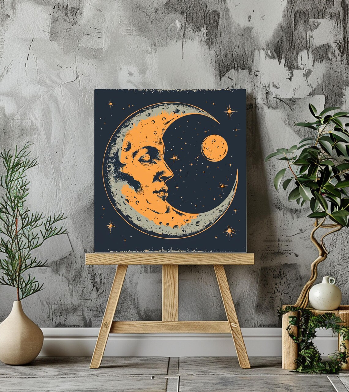 Retro Crescent Moon Art, Nostalgic Lunar Decor - Image 2