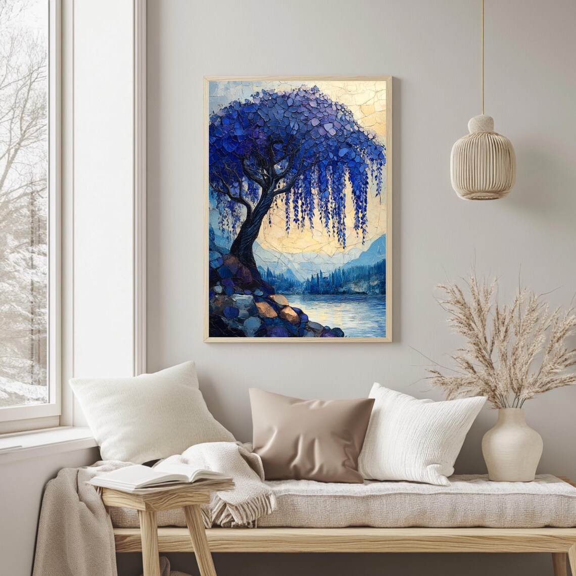 Blue Willow Tree Art Print, Textured Landscape - Image 2