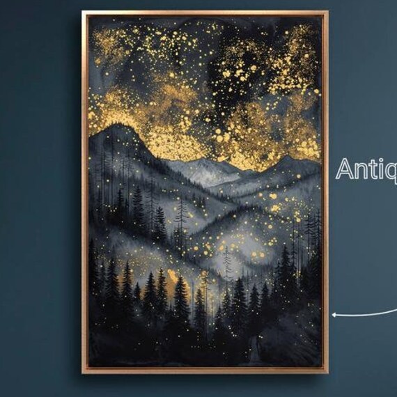 Misty Mountain Forest Golden Starry Sky Mystic Night Landscape Poster