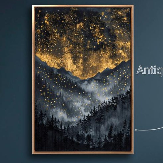 Abstract Starry Night Sky Framed Wall Art Mountain Pine Forest Painting Print Large Black And Gold Landscape Wall Decor Ready To Hang