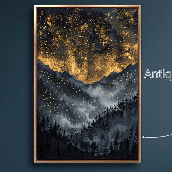 Starry Night Sky Gold Stars Dark Mountain Pine Forest Fantasy Art Poster