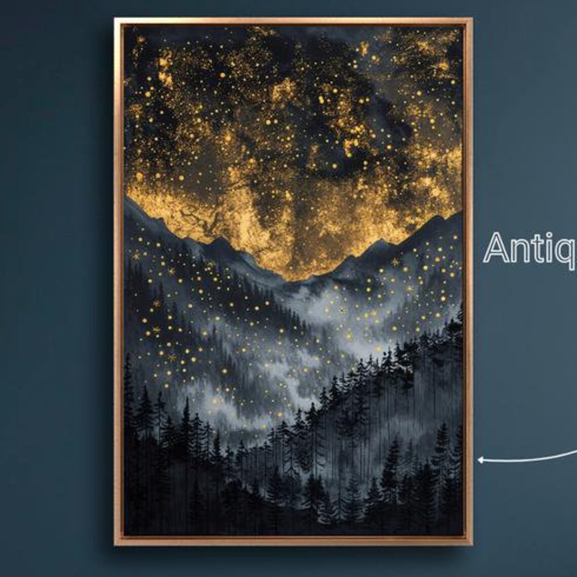 Starry Night Sky Gold Stars Dark Mountain Pine Forest Fantasy Art Poster