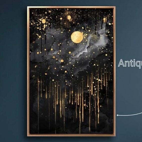 Black Gold Moonlit Night Sky Starry Celestial Abstract Poster