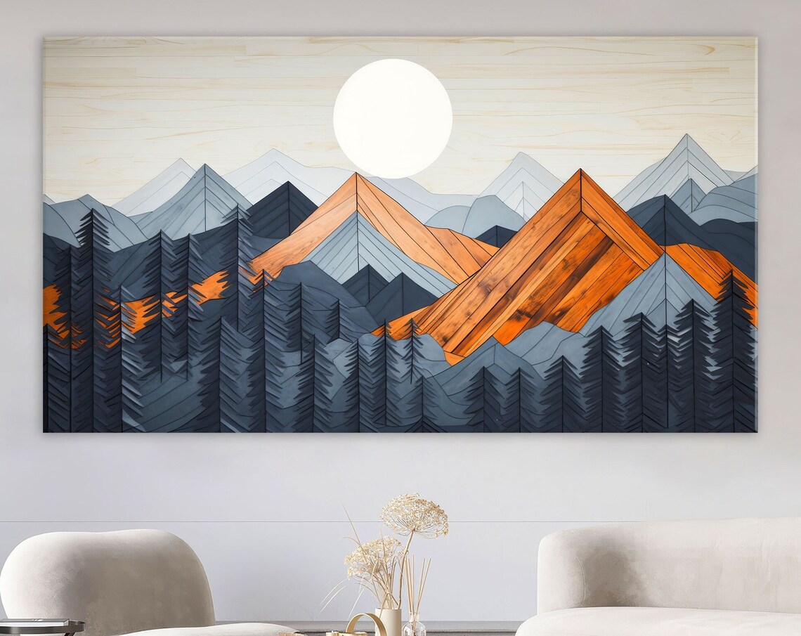 Geometric Orange Mountain Peaks Pine Forest Wood Grain Art Poster