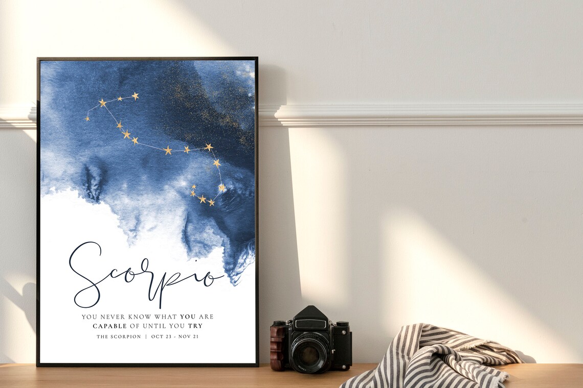 Scorpio Zodiac Gold Constellation Blue Watercolor Horoscope Print Poster - Image 2