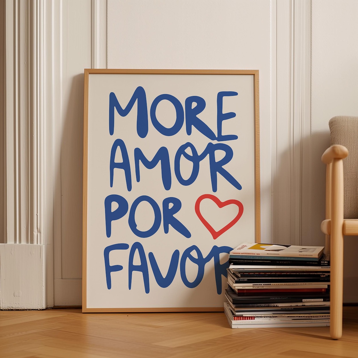 More Amor Por Favor Blue Love Quote Cream Heart Wall Art Print