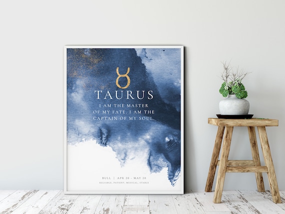Taurus Zodiac Gold Symbol Blue Watercolor Motivational Quote Wall Print