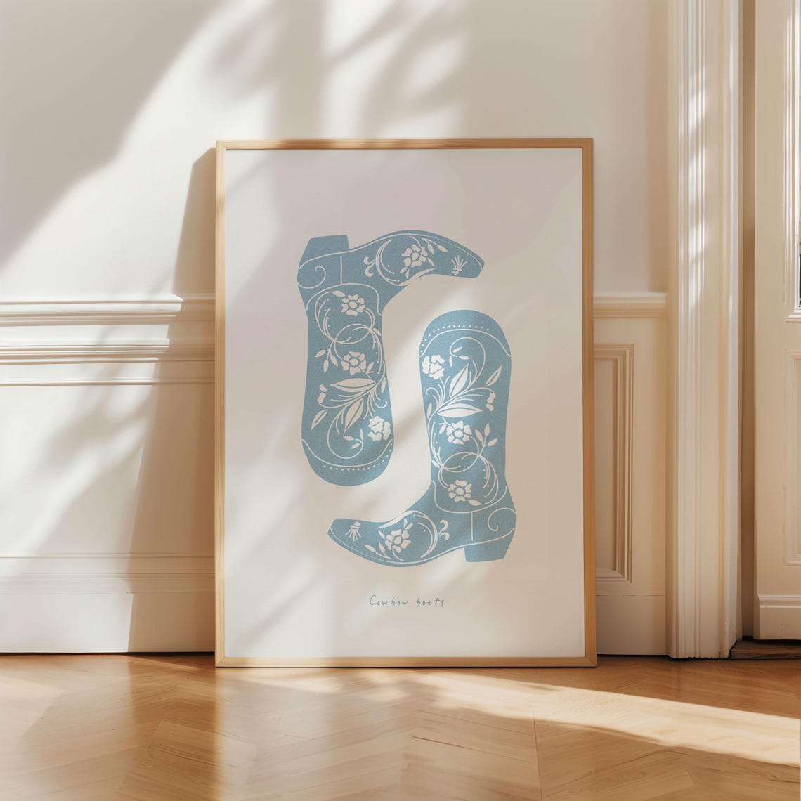 Blue Floral Embroidered Cowboy Boots Minimalist Western Art Poster