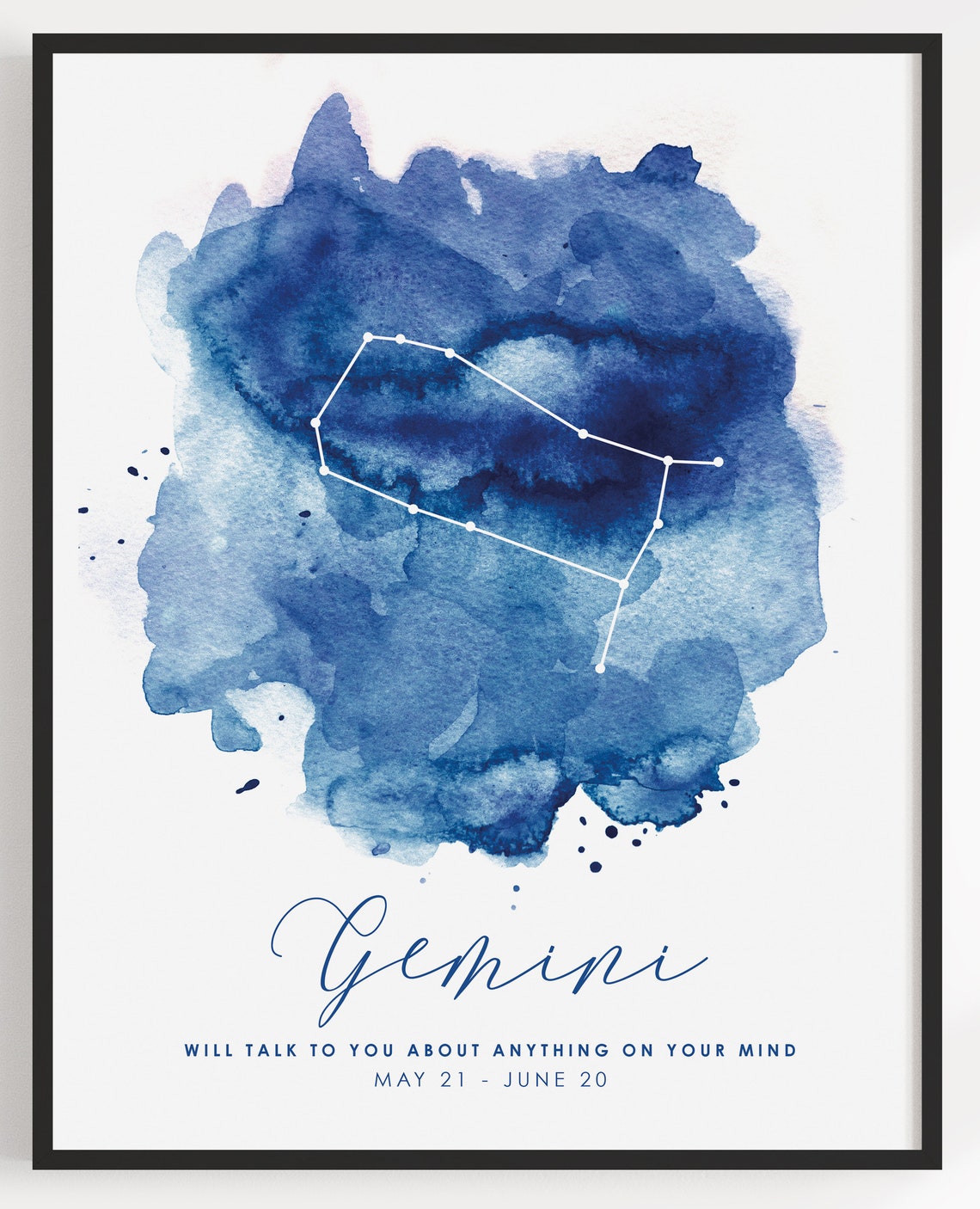 Gemini Zodiac Constellation Blue Watercolor Star Sign Wall Art Print - Image 3