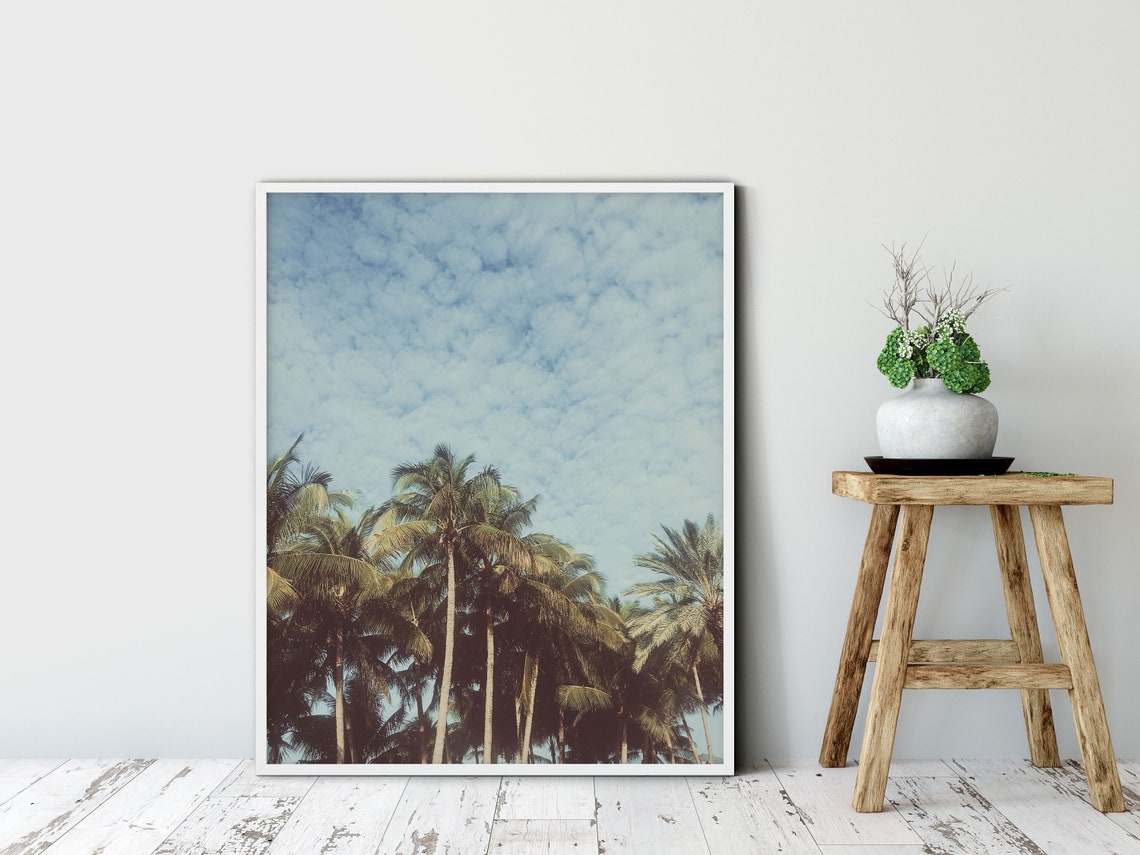 Palm Trees Vintage Blue Sky Tropical Photography Wall Art Poster