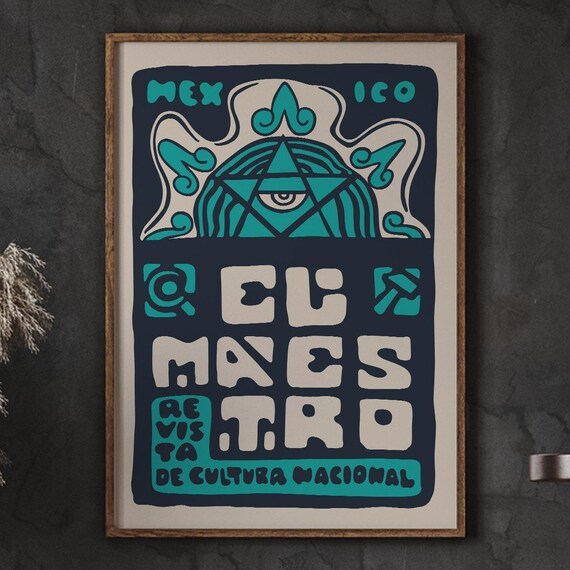 El Maestro Mexico Poster Turquoise Navy Vintage Aztec Motif Cover Art