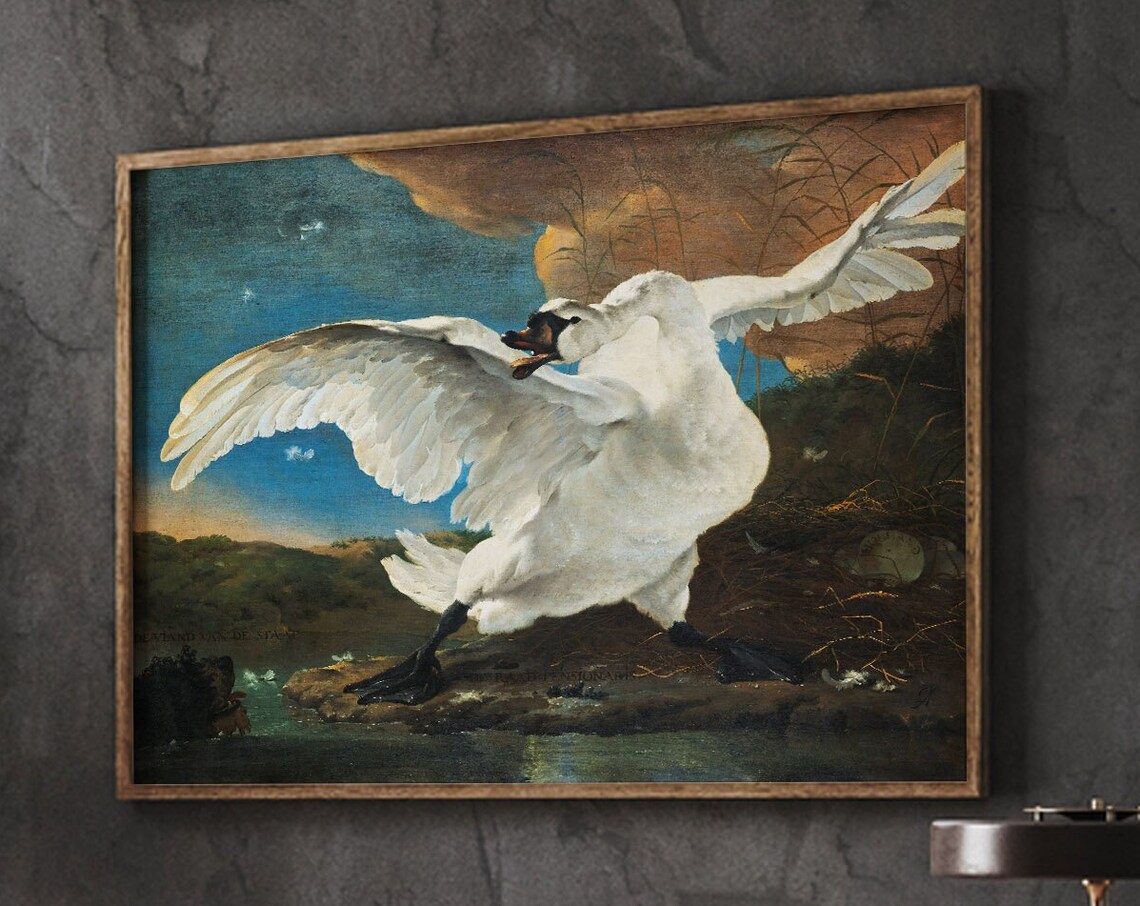 The Threatened Swan Defending Nest Classical Oil Painting Art Poster