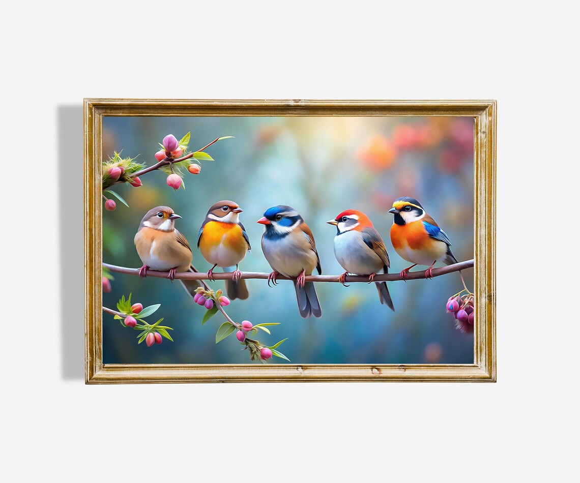 Five Colorful Songbirds on Branch Blossom Art Whimsical Poster