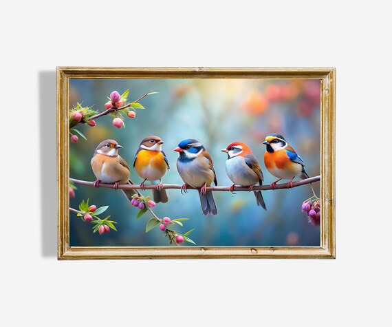 Five Colorful Songbirds on Branch Blossom Art Whimsical Poster