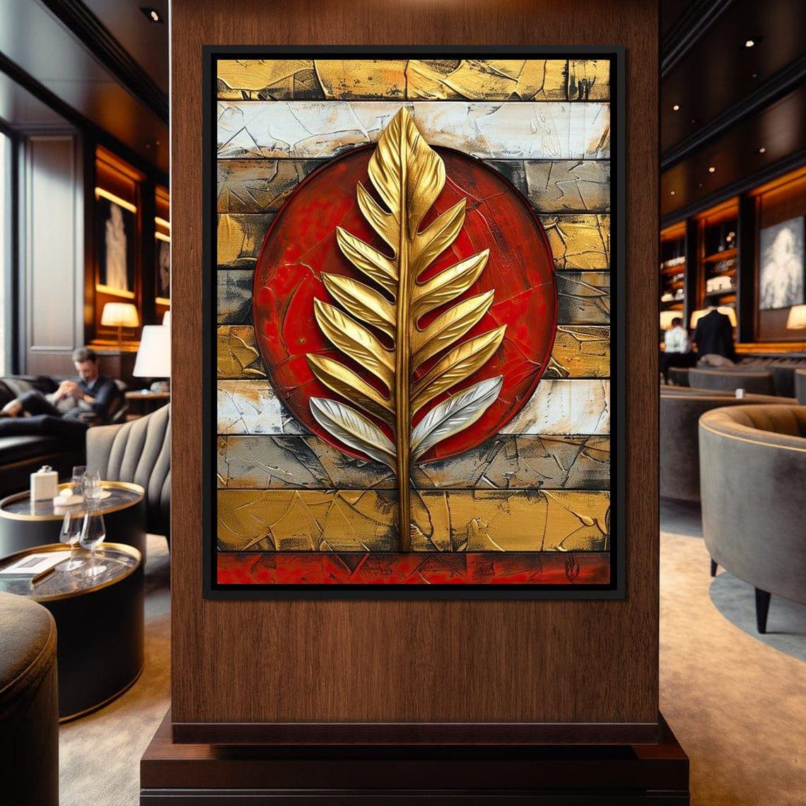 Golden Leaf Red Sun Textured Wood Panel Botanical Abstract Wall Art - Image 4