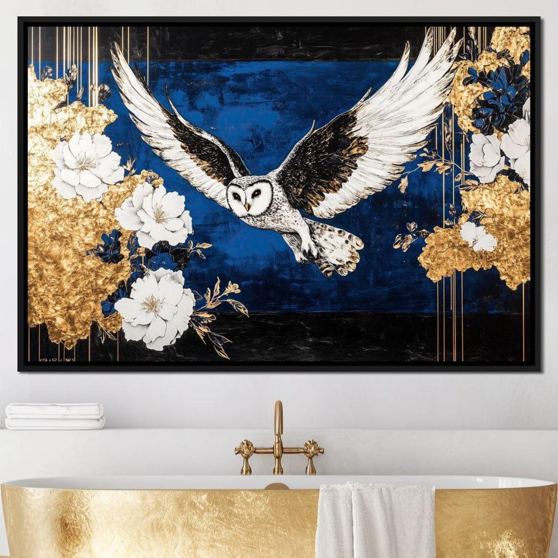 White Barn Owl In Flight Deep Blue Gold Floral Wildlife Art Poster - Image 4