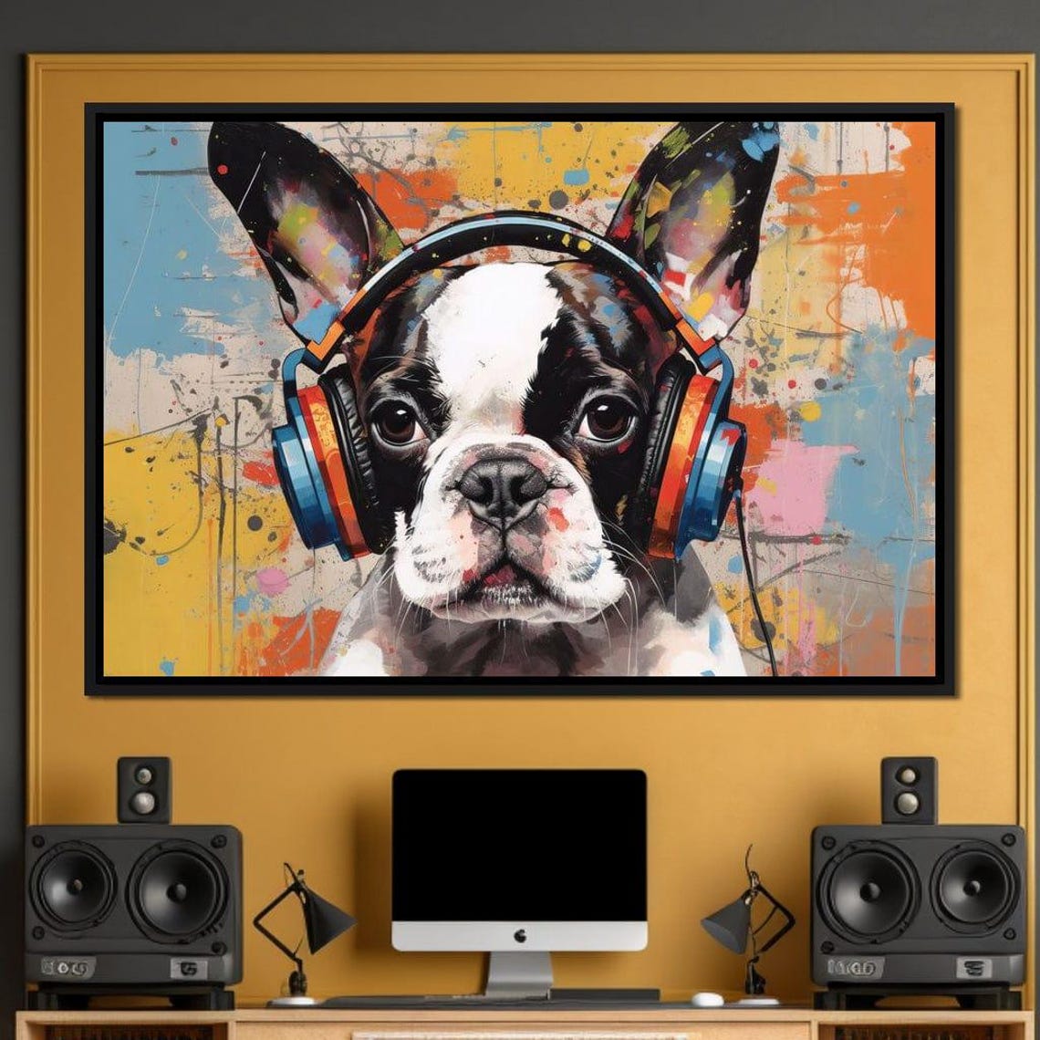 Boston Terrier Wearing Headphones Pop Art Colorful Dog Wall Art Poster - Image 2