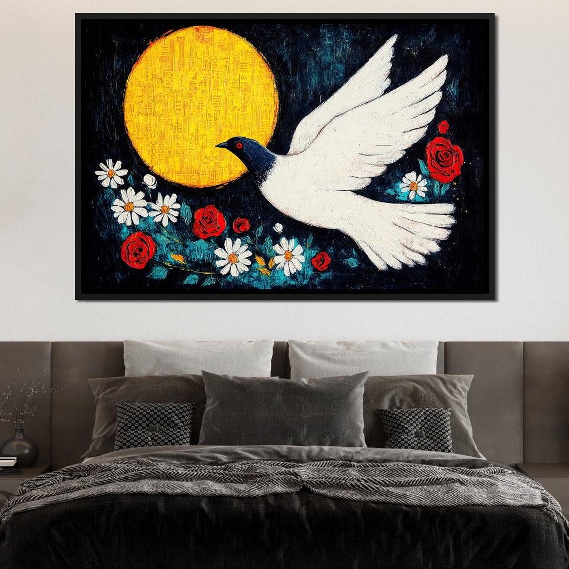 White Dove Golden Moon Night Roses Daisies Serene Flight Bird Poster - Image 2