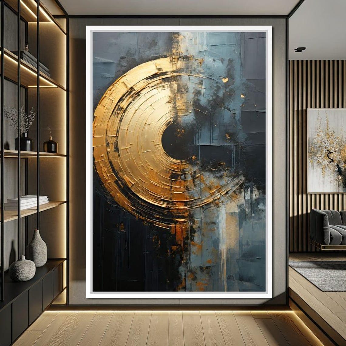 Gold Crescent Eclipse Abstract Art Dark Teal Textured Ring Wall Poster - Image 2