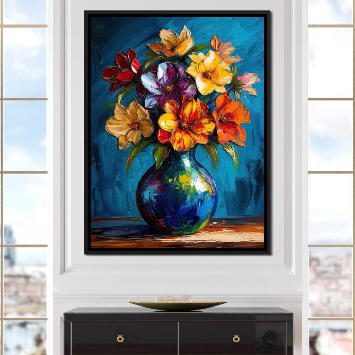 Vibrant Bouquet Red Purple Yellow Flowers Blue Vase Art Wall Poster - Image 4