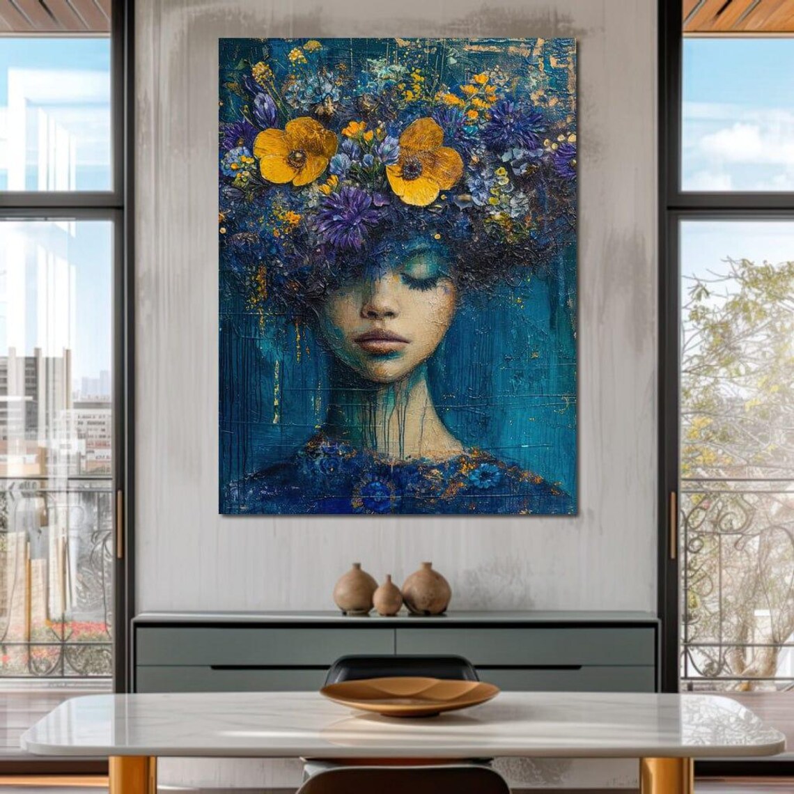 Indigo Floral Dreams Deep Blue Bloom Portrait Surreal Wall Art - Image 2