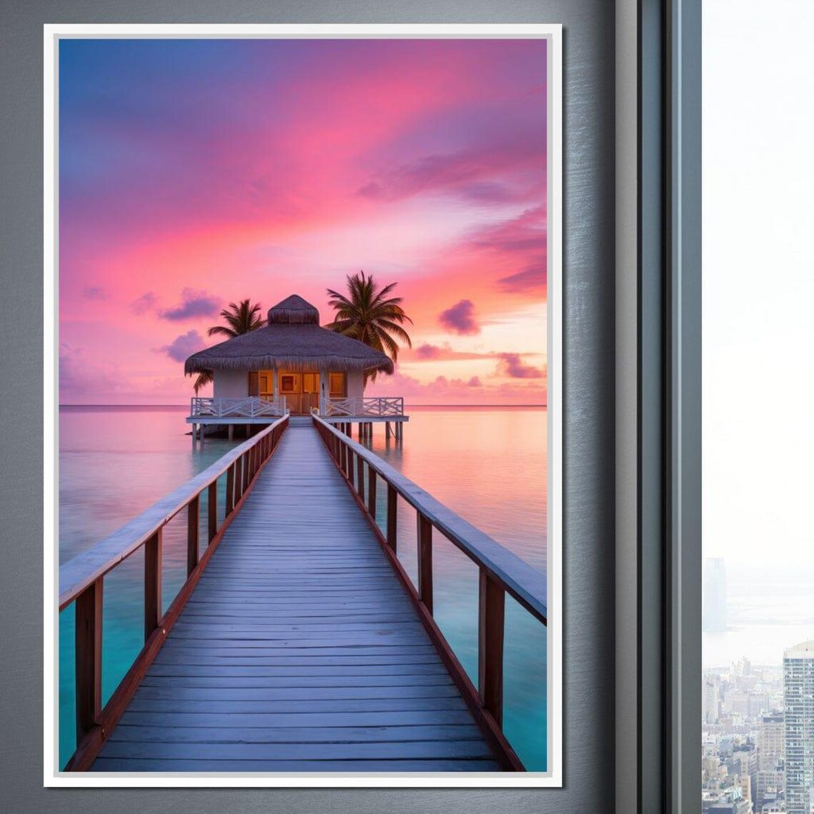 Overwater Bungalow Pink Sunset Tropical Island Escape Travel Poster - Image 2