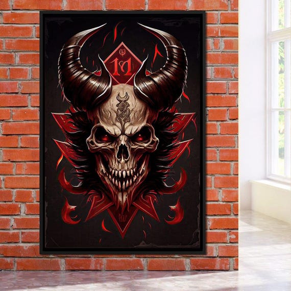 Demon Skull With Horns Dark Fantasy Gothic Home Decor Evil Skull Wall Art In Red Beige Brown By Nichecanvas
