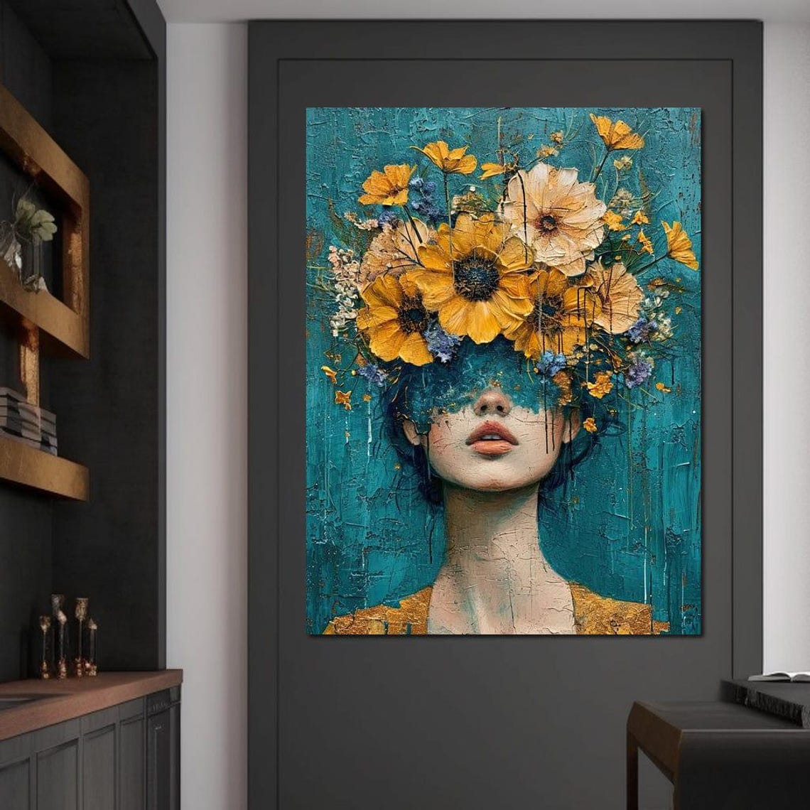 Sunflower Bloom Veil Woman Teal Floral Surreal Portrait Wall Art - Image 2