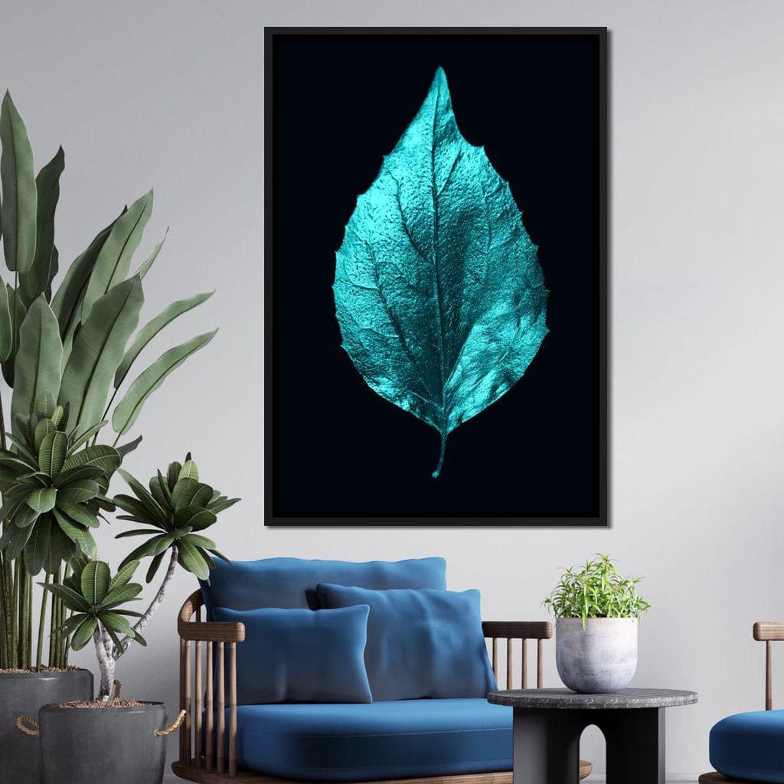 Metallic Turquoise Leaf Black Background Minimal Botanical Art Poster