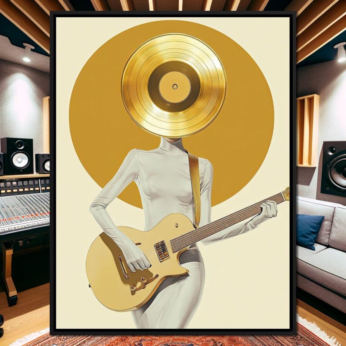Golden Vinyl Record Head Electric Guitar Minimalist Retro Music Wall Poster - Image 4