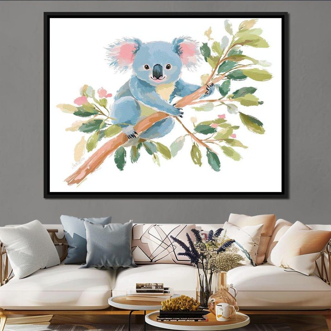 Sleepy Blue Koala Resting On A Eucalyptus Branch Pastel Nursery Wall Art - Image 2