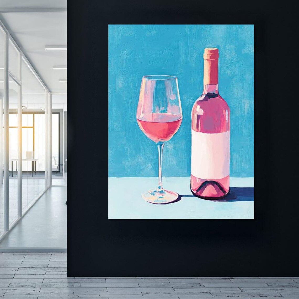 Rosé Wine Bottle and Glass Pink Teal Modern Kitchen Bar Wall Art Print - Image 2