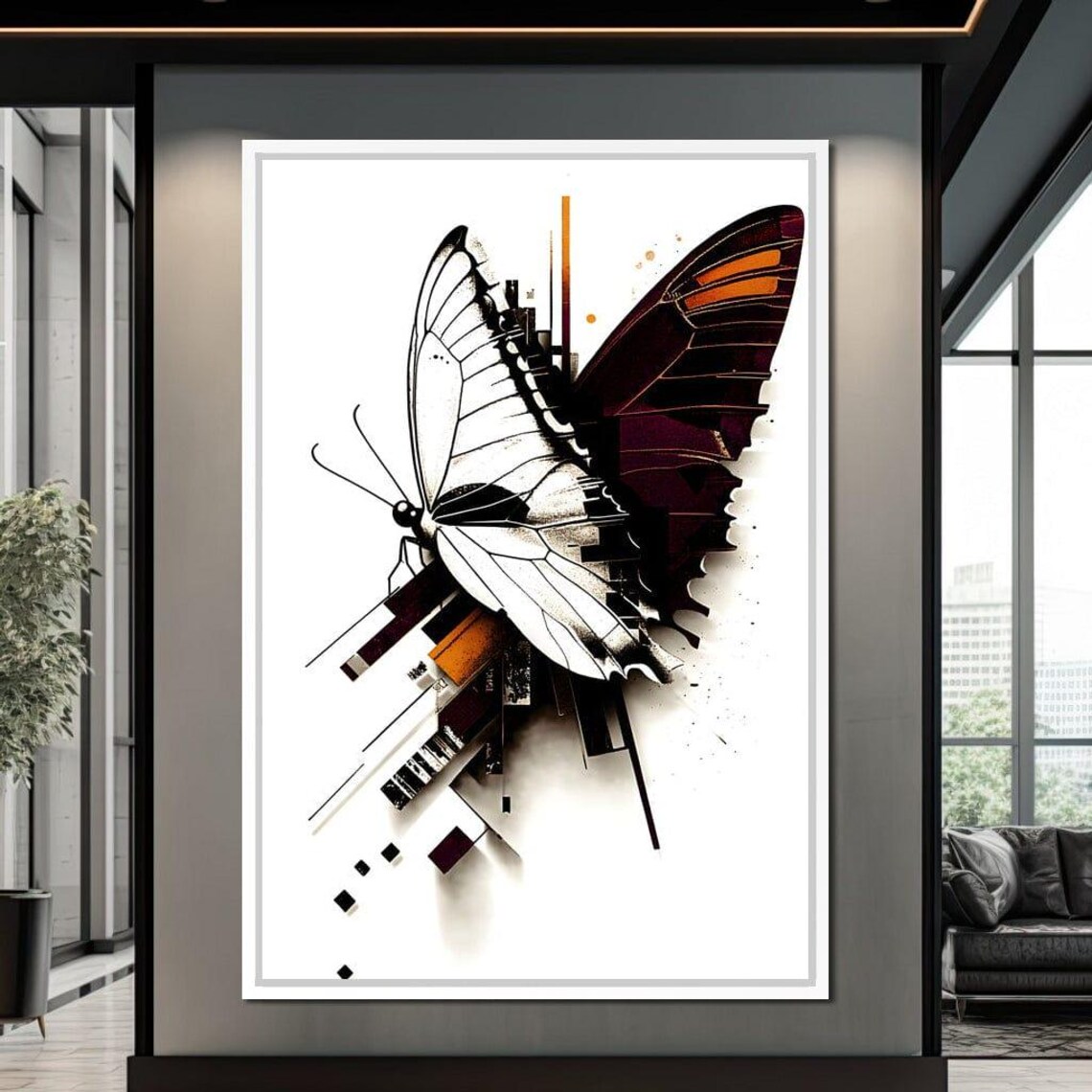 Butterfly Geometric Fusion Black White Amber Abstract Nature Art Print - Image 2